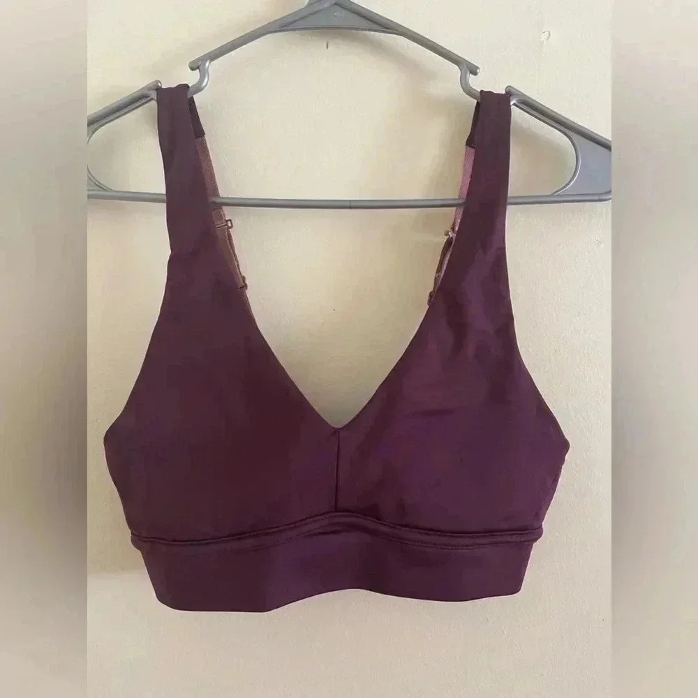 Fabletics Women's All Day Every Day Sports Bra Maroon With Pink Straps- …